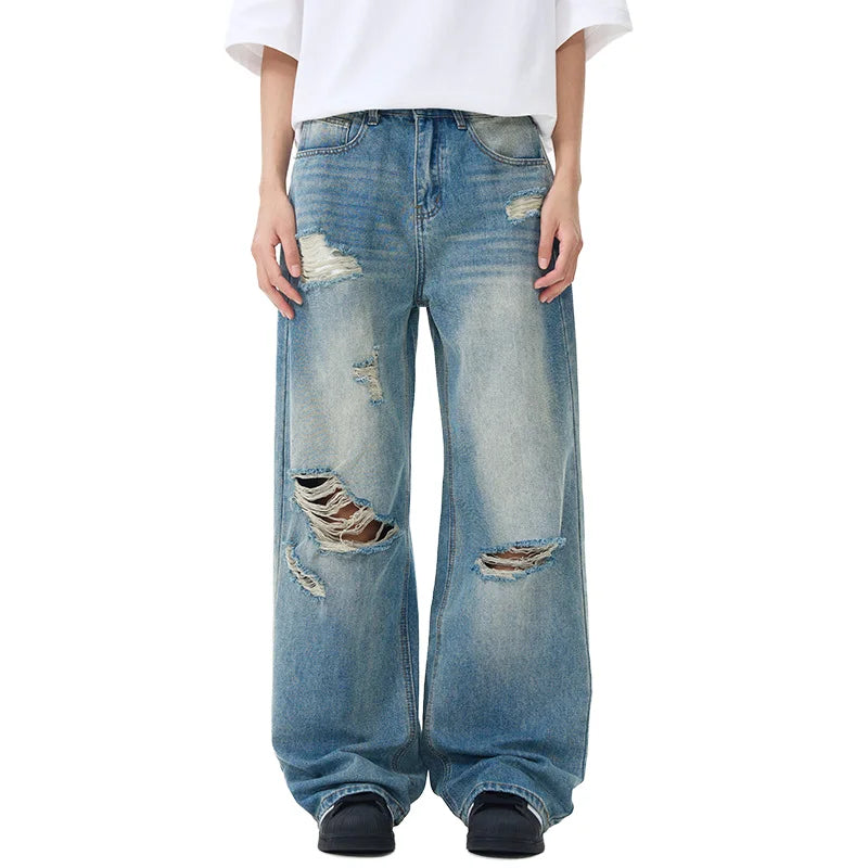 Denim Men's Loose Fit Light Wash Jeans Distressed Knee Hole Destroyed Details Wide Leg Flare Casual Retro Street Style
