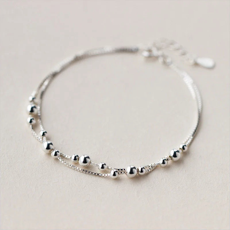 New Fashion 925 Sterling Silver Round Beads Bracelet Women Simple Double Layer Chain Bracelet for Gift