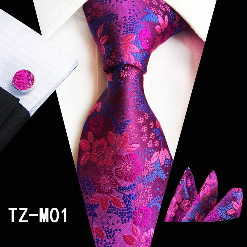 Custom Wholesale Fashion Business Wedding Necktie Red Jacquard Men Silk Tie Neckties Set Hanky Cufflinks Pocket Square