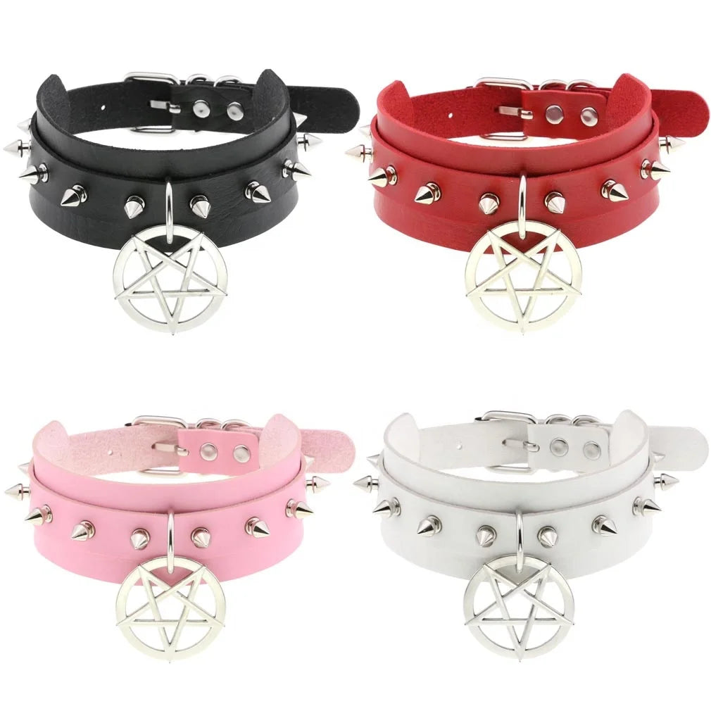 Personality Exaggeration PU Leather Nail Rivet Collar Sexy Double-Layer Hanging Star Necklace