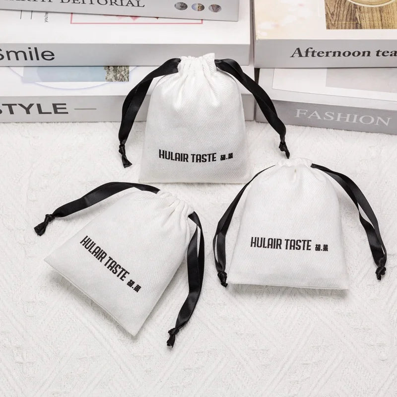 White Reusable Twill Cotton Storage Bag Custom Printed Logo Cotton Drawstring Pouch for Bluetooth Headset Charger