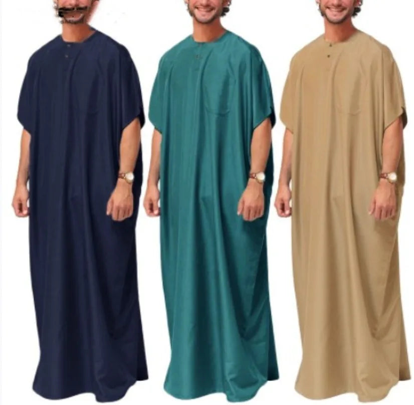 Custom Kaftan Abaya Arab Dubai Dress Muslim Robes Short Sleeve Cotton Linen Morocco Style Men Thobe