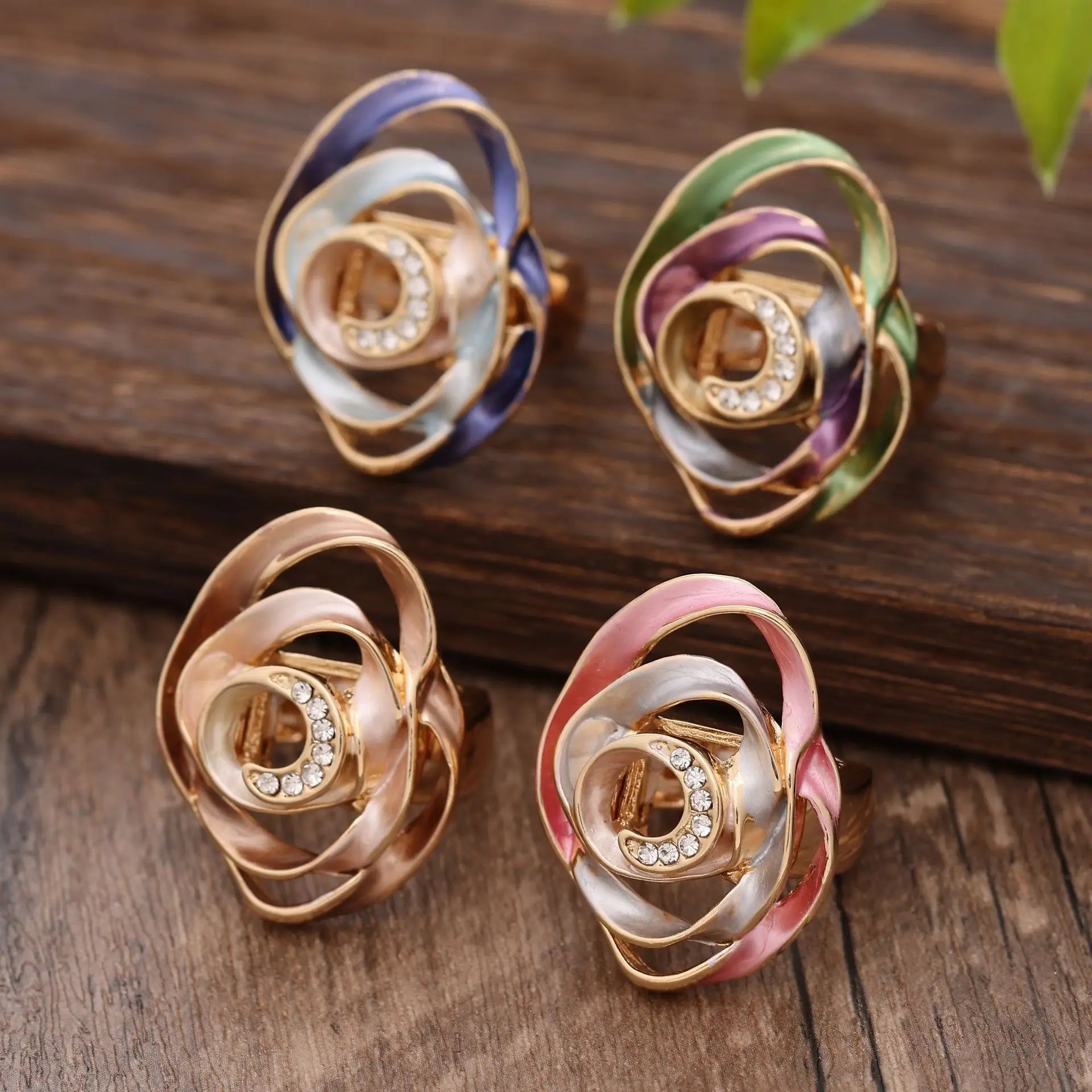 New Arrival Colorful Painting Oil Geometric Hollow Diamond Setting Flower Ring Fashion Elastic Enamel Rings For Women