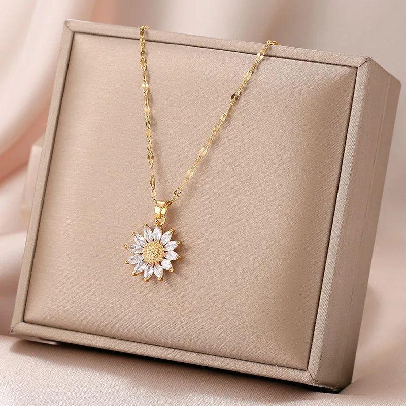 Sweet and Simple Delicate Sunflower Pendant Stainless Steel Necklaces Gifts for Women