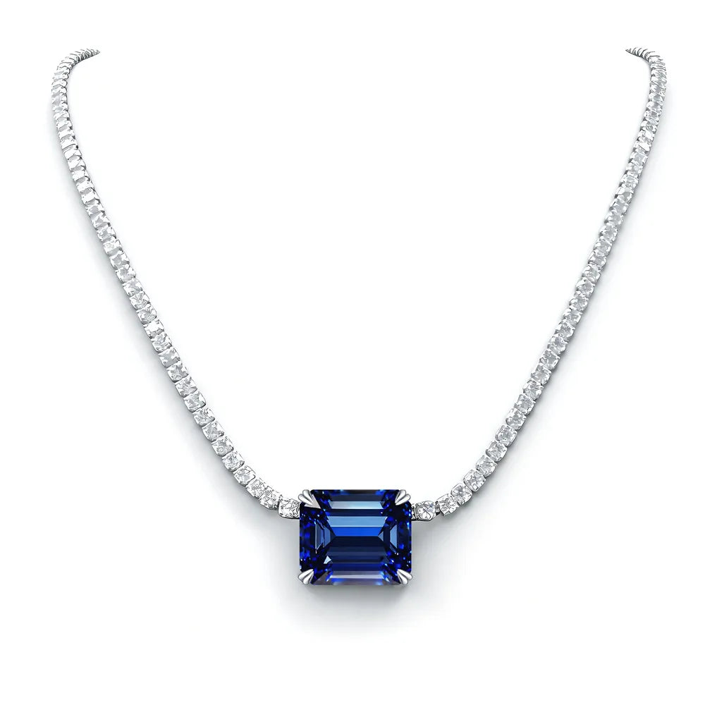 925 Sterling Silver Fine Necklace 10x12mm Emerald Cut Cubic Zirconia Pendant 2mm Zirconia Tennis Chocker Necklace
