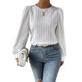 RNSHANGER Fall New Women Shirts Casual Solid Round Neck Long Lantern Sleeve Shirts White Loose Women's Blouses