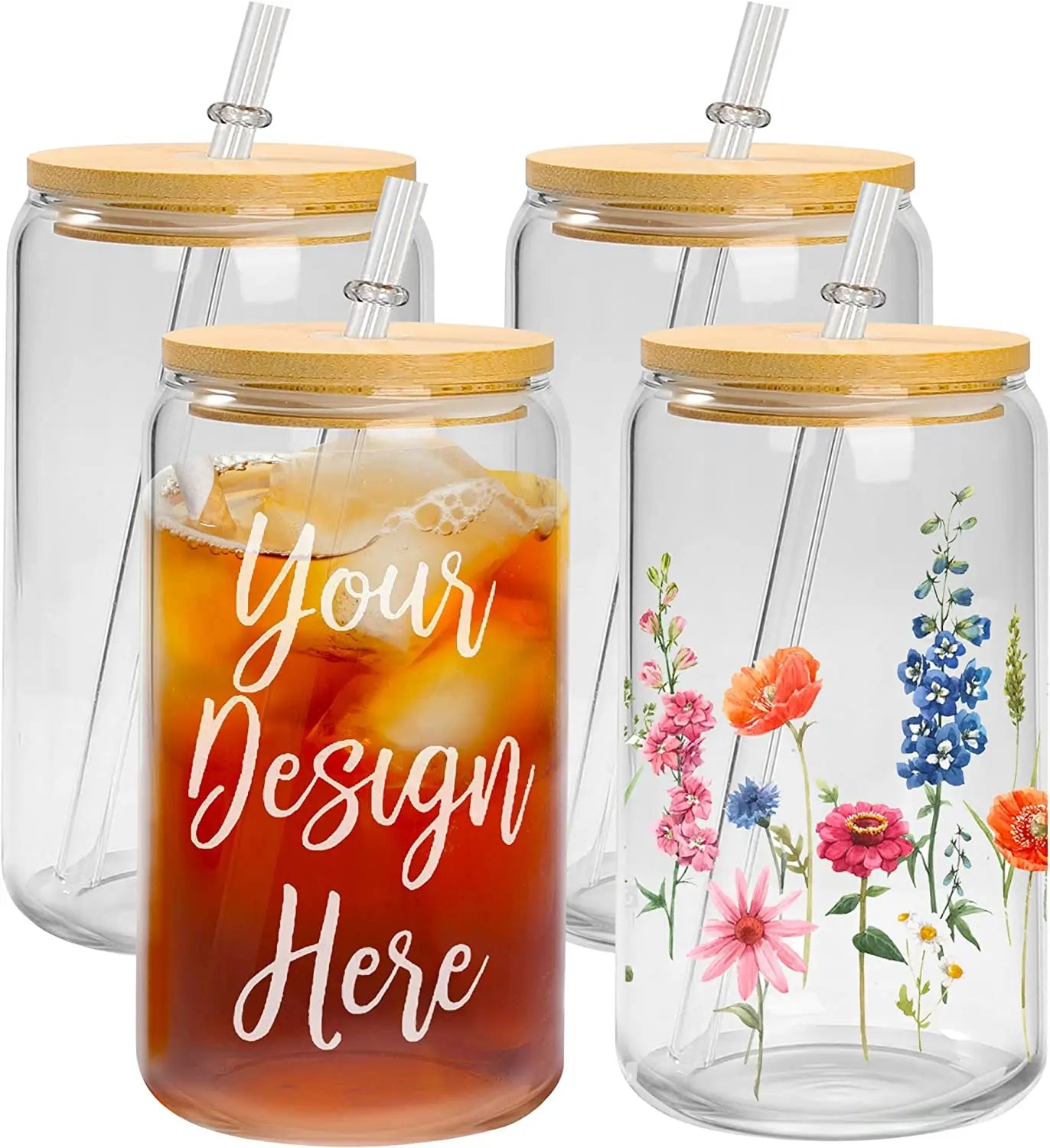 Borosilicate Glass Tumbler Sublimation Blank Ice Coffee Cola Cups With Bamboo Lids and Straw
