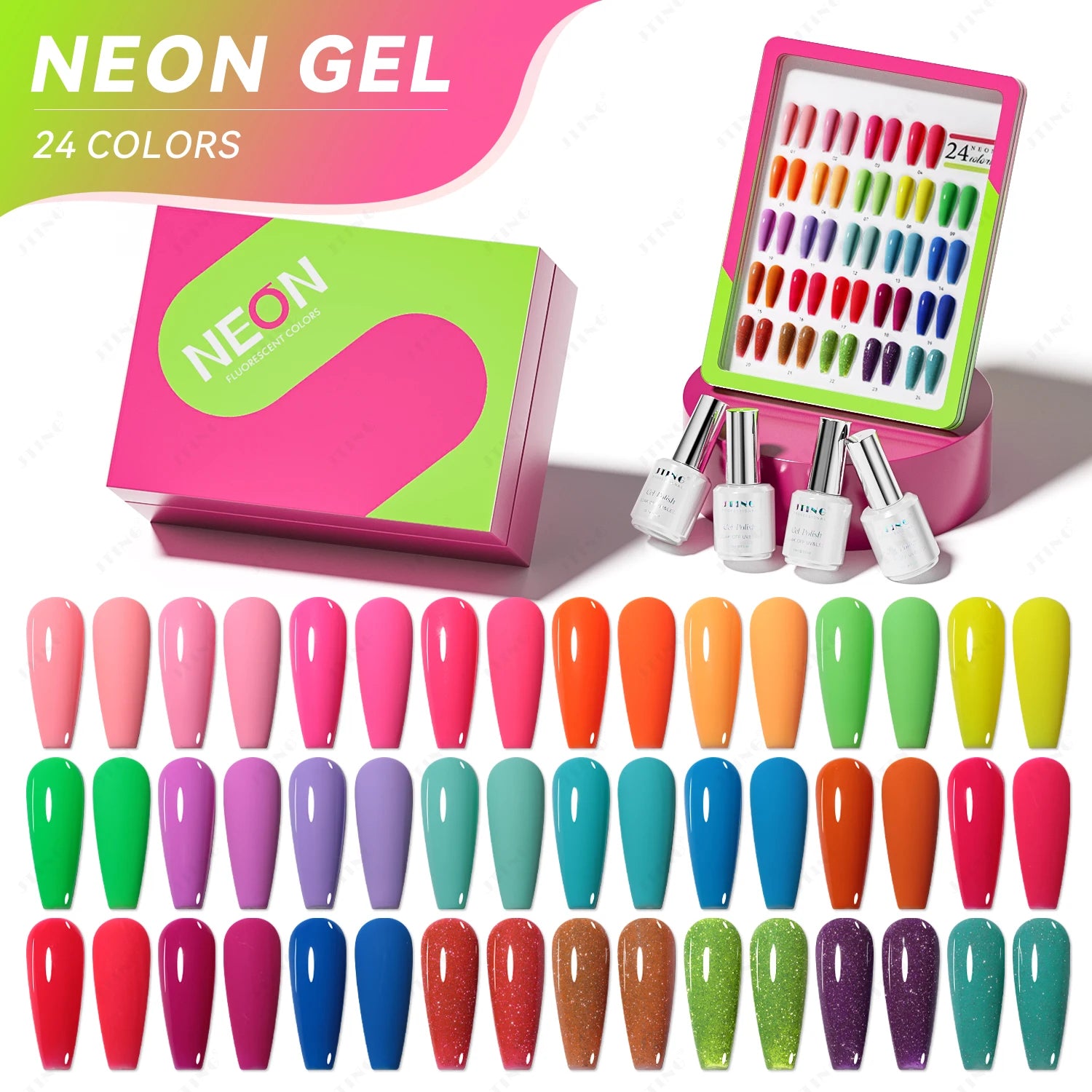 JTING Latest Incomparable Design Neon Gel Colors Collection Set Box 24pcs Free Color Book High Pigment Nail Gel Polish