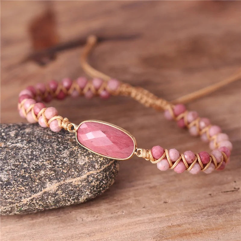 Boho Gemstone Rhodonite Charm Beads Cord Braided Macrame Bracelets Friendship Stackable Femme Women Bohemian Jewelry Wholesale