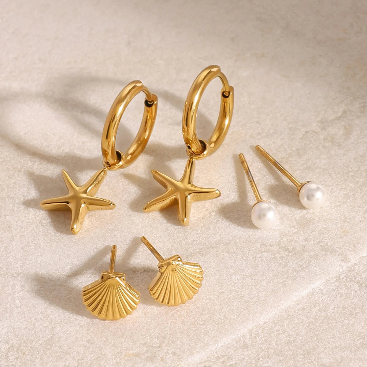 Ilona Cute Ocean Pearl Fashion Jewelry Stainless Steel Shell Starfish Hoop Pendants Earring Sets Gold Plated Stud Earrings