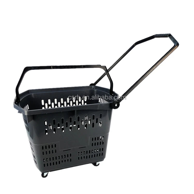 RH-BPR60A   620*430*470mm  60L High Quality Plastic Rolling Trolley Basket Supermarket Shopping Basket Trolley
