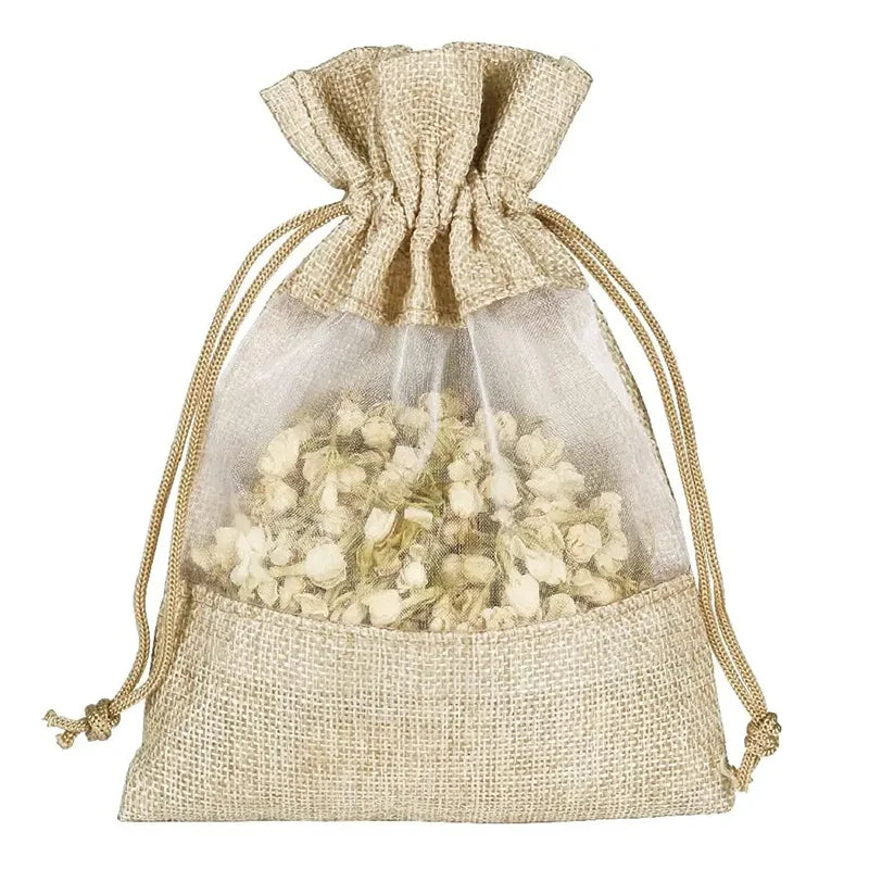Custom Design Drawstring Linen Dried Flower Pouches Sachet Bags with Organza Window