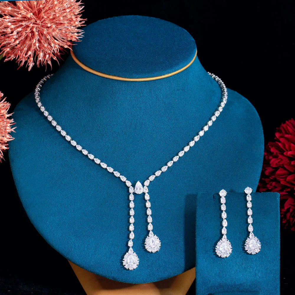 Simple Glittering Cubic Zircon Long Water Drop Wedding Jewelry Set for Women Drop Necklace and Earrings Bridal Set CZ Party Gift