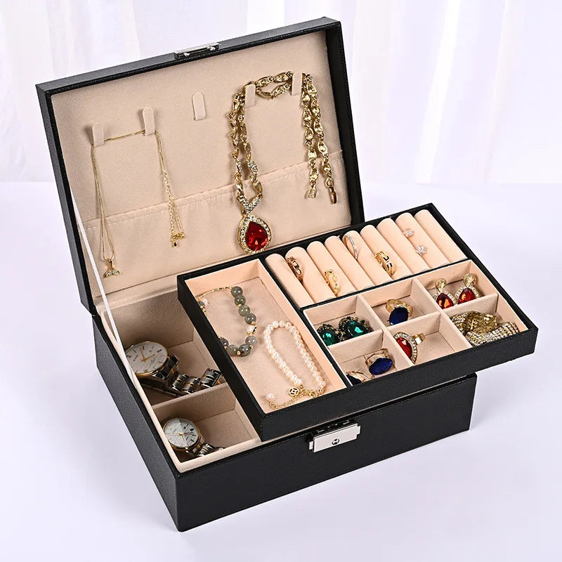 Hot Sale Double Layers Jewellery Storage Box 2 Tiers Pu Leather Jewelry Boxes Velvet Jewelry Organizers Case