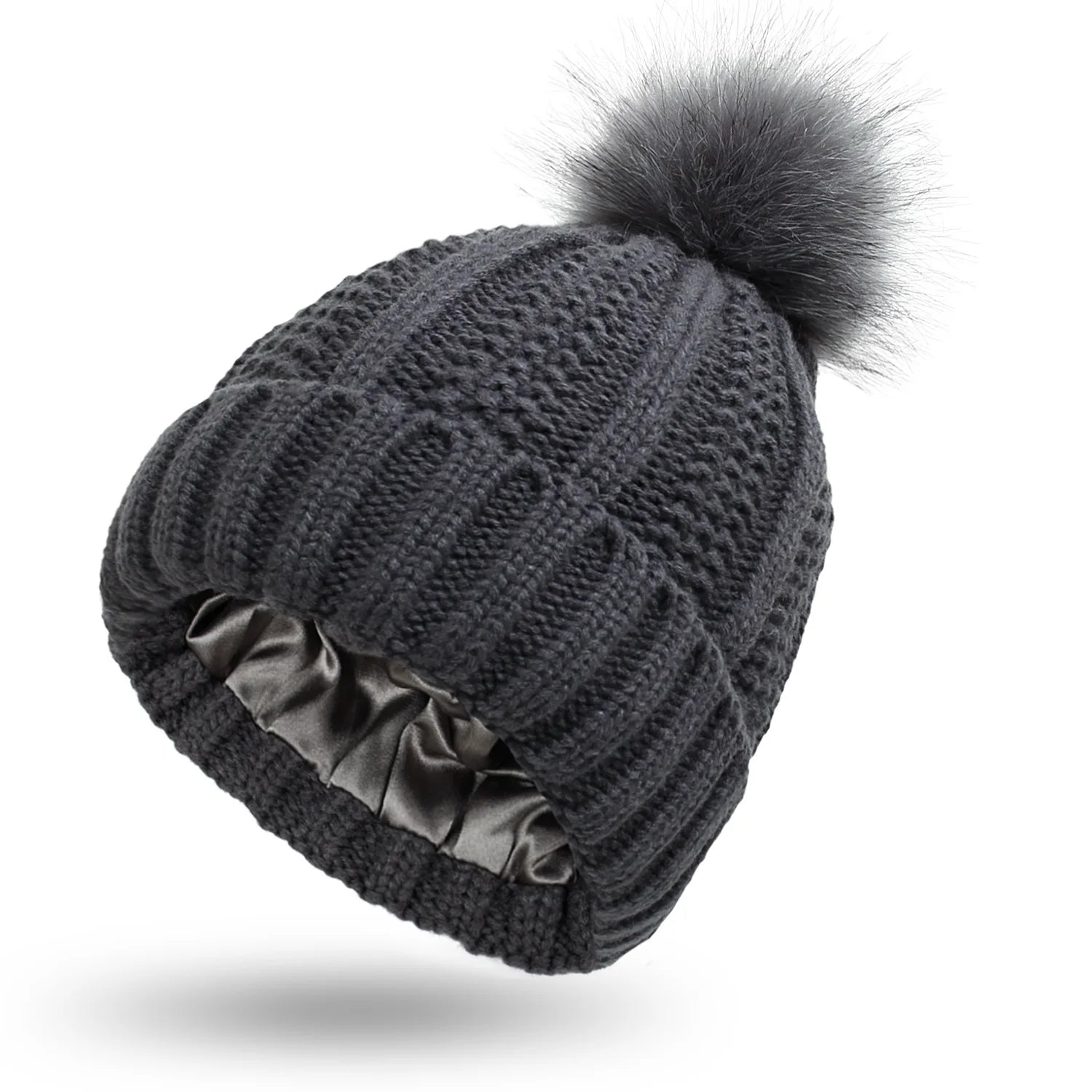 High Quality Winter Hat for Women Ribbed Knitted Hats With Pom Pom Satin Lined Beanie Hats Custom Beanie