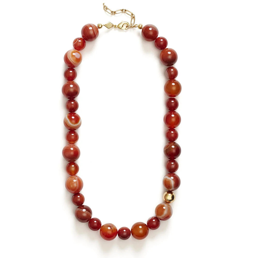 Zooying Chunky Carnelian Bead Necklace Natural Red Agate Stone Statement Jewelry Stainless Steel Chain for Women
