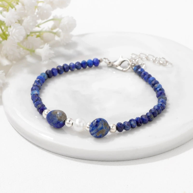 Dainty Natural Lapis Lazuli India Agate Stone Bracelet Pearl Charm Adjustable Yoga Healing Meditation Beaded Bracelet for Women