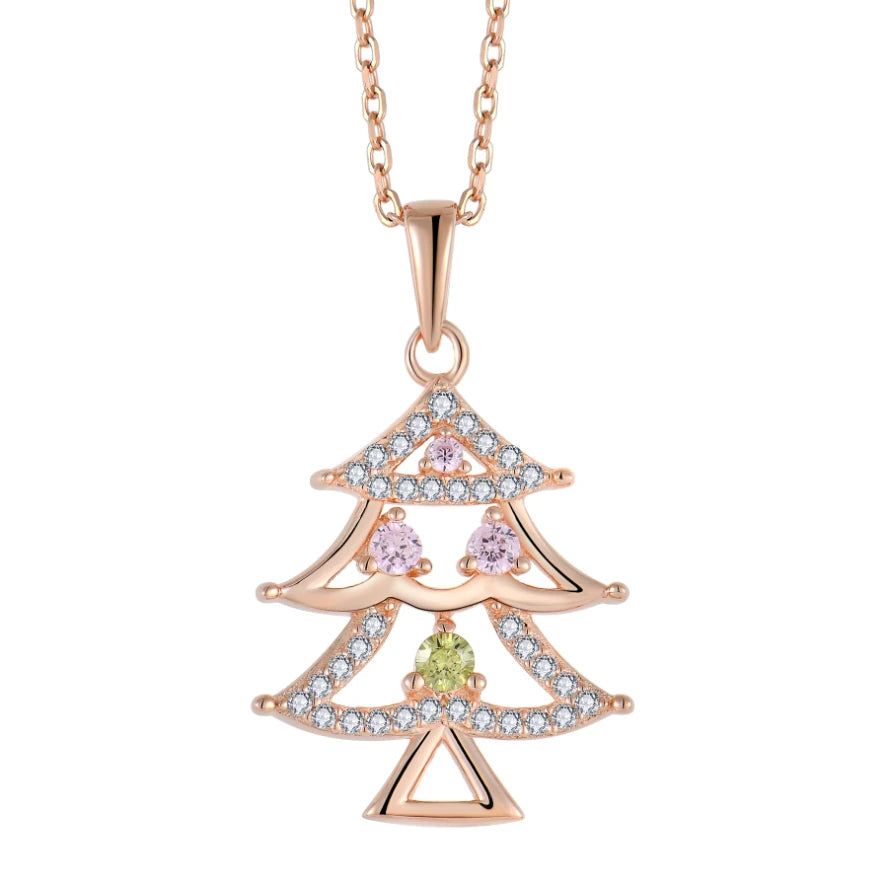 Colorful Zircons Rose Gold Plated Christmas Tree Pendant Necklace with for Birthday or Anniversary Gifts for Ladies