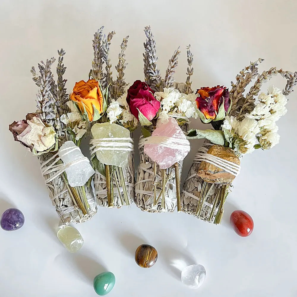 Incense California White Sage Bundle With Flower Smudge Stick for Yoga Meditation Home Clearing Healing Crystal and Lavender