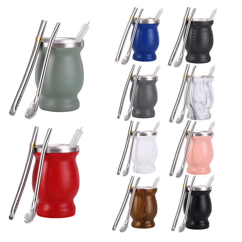 Yerba Mate Gourd Cup Double Wall Stainless Steel Vacuum Insulated 8oz 4oz Yerba Tea Cup With Spoon