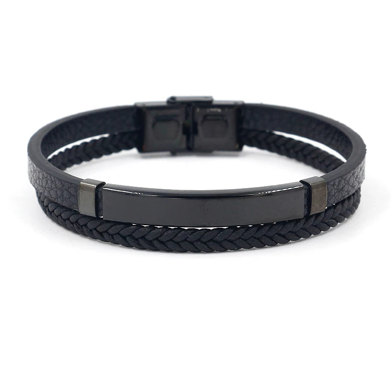 Black Stainless Steel Can Laser Engraving Custom Logo Braided Leather Bracelet Bangle for Men Women