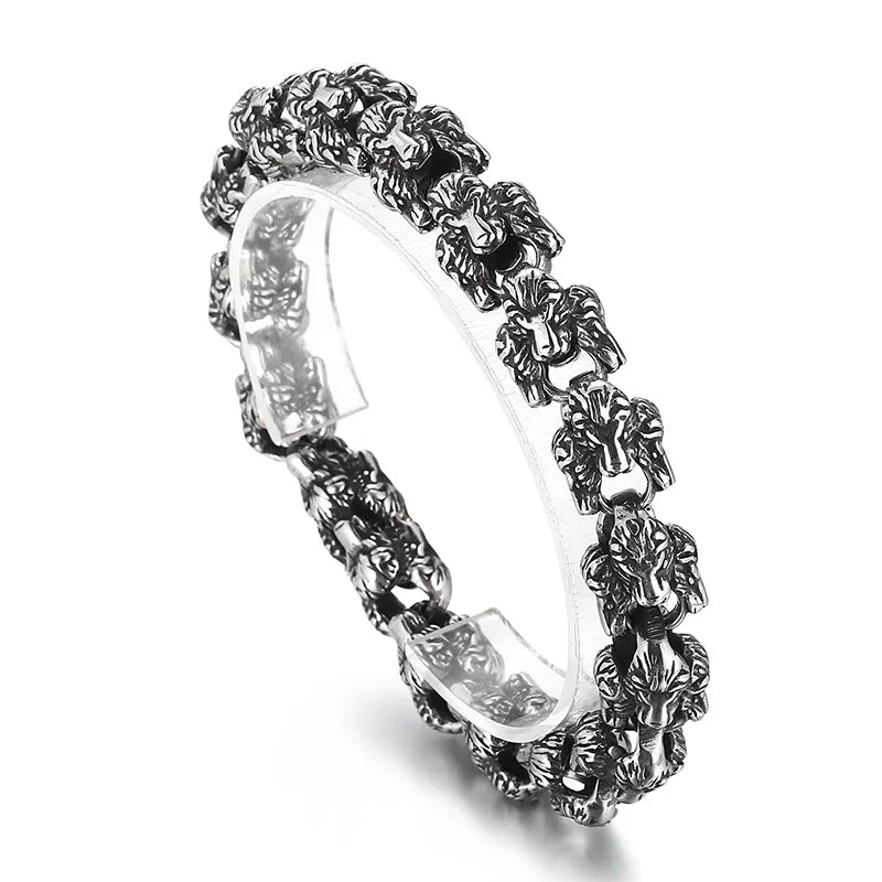 KALEN 230mm Men Punk Stainless Steel Silver Color Lion Heads Link Bracelet