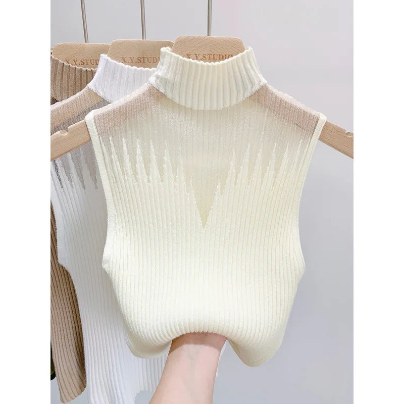 2024 Women Neck Knitted Vest Women's Inner Base Shirt Outer Wear Half-High Neck Sleeveless Short Strapless Kinwear Top