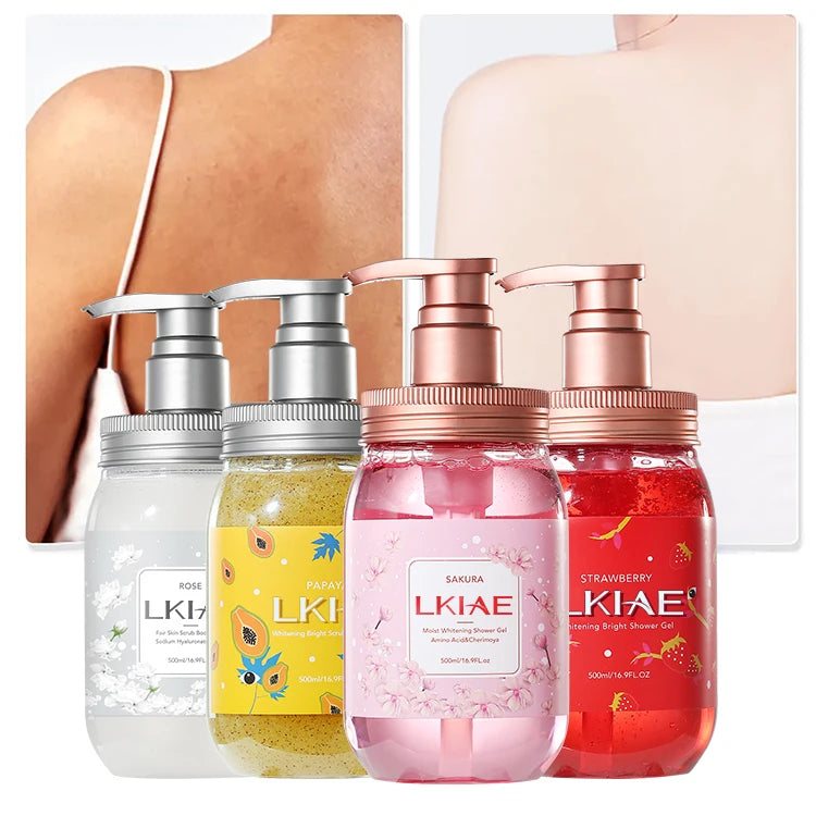 OEM Private Label 500ml Organic Strawberry Sakura Rose Papaya Whitening Moisturizing Scrub Body Wash Shower Gel