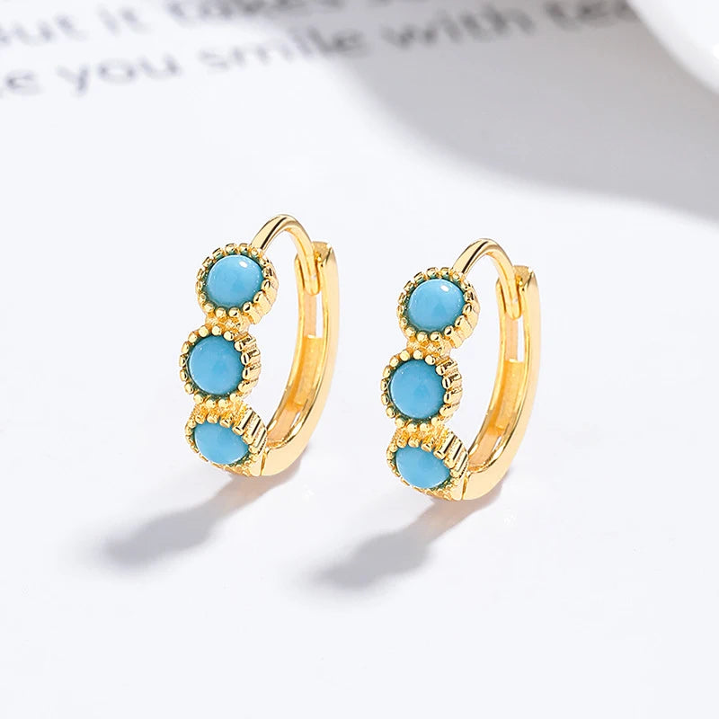 Fashionable Gold-plated Fine Turquoise Earring Clasp Jewelry 925 Sterling Silver Simple Huggies Hoop Earring