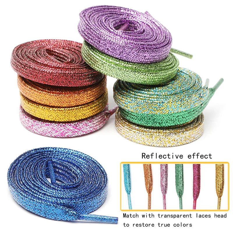 Custom 8MM Flat Gold Glitter Shoelaces Shiny Metallic Sparkle for Sneakers Colorful Polyester Strings Laces Footwear