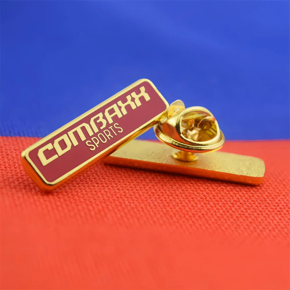 Custom logo Metal Soft Enamel Lapel Pin for Combaxx Sports Rectangle Hard Enamel Red Letter Pin Badge Factory