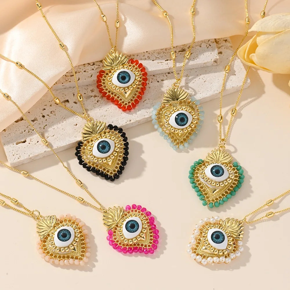 2025 Trendy Blue Eyes Heart Charm Necklace 18K Gold Plated Beaded Chain Jewelry Necklace for Women Girls