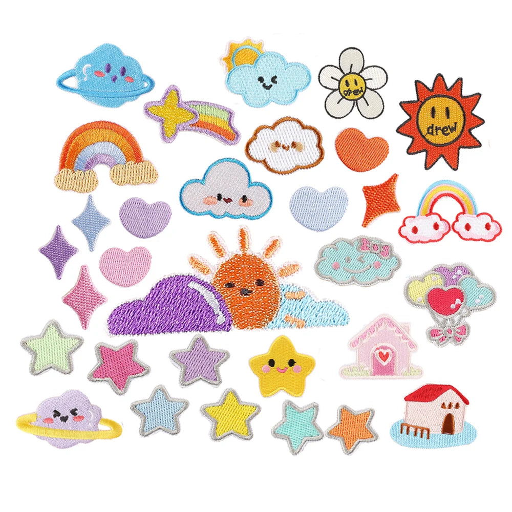 cute small weather climate theme heart star cloud rainbow design self-adhesive embroidered patches stickers for diy