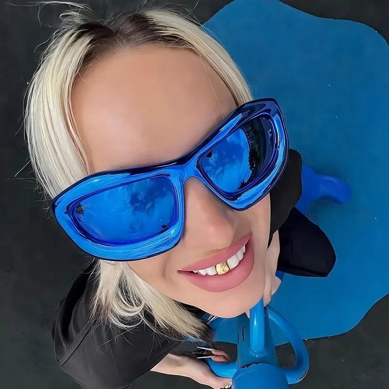 8555 Fashion Blue Mirror Y2k Sunglasses for Women Vintage Oversized Cat Eye Sun Glasses Men Hip Hop Punk Eyewear Female Shades
