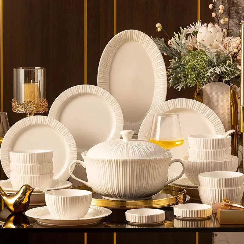 Nordic Style High White Porcelain Ceramic Tableware Home Ceramic Soup Bowl Plate Classic White Emboss Relief Dinnerware Set