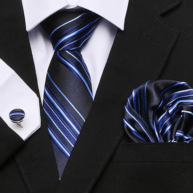 Classic WOVEN Necktie With Handkerchief Cufflinks Formal Stripe Men Ties Set