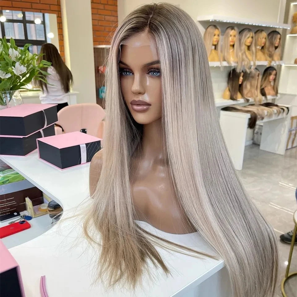 Super Double Drawn Bleach Knots Wigs Unprocessed Russian Remy Hair Italian Straight Design Platinum Color Highlight Lace Frontal