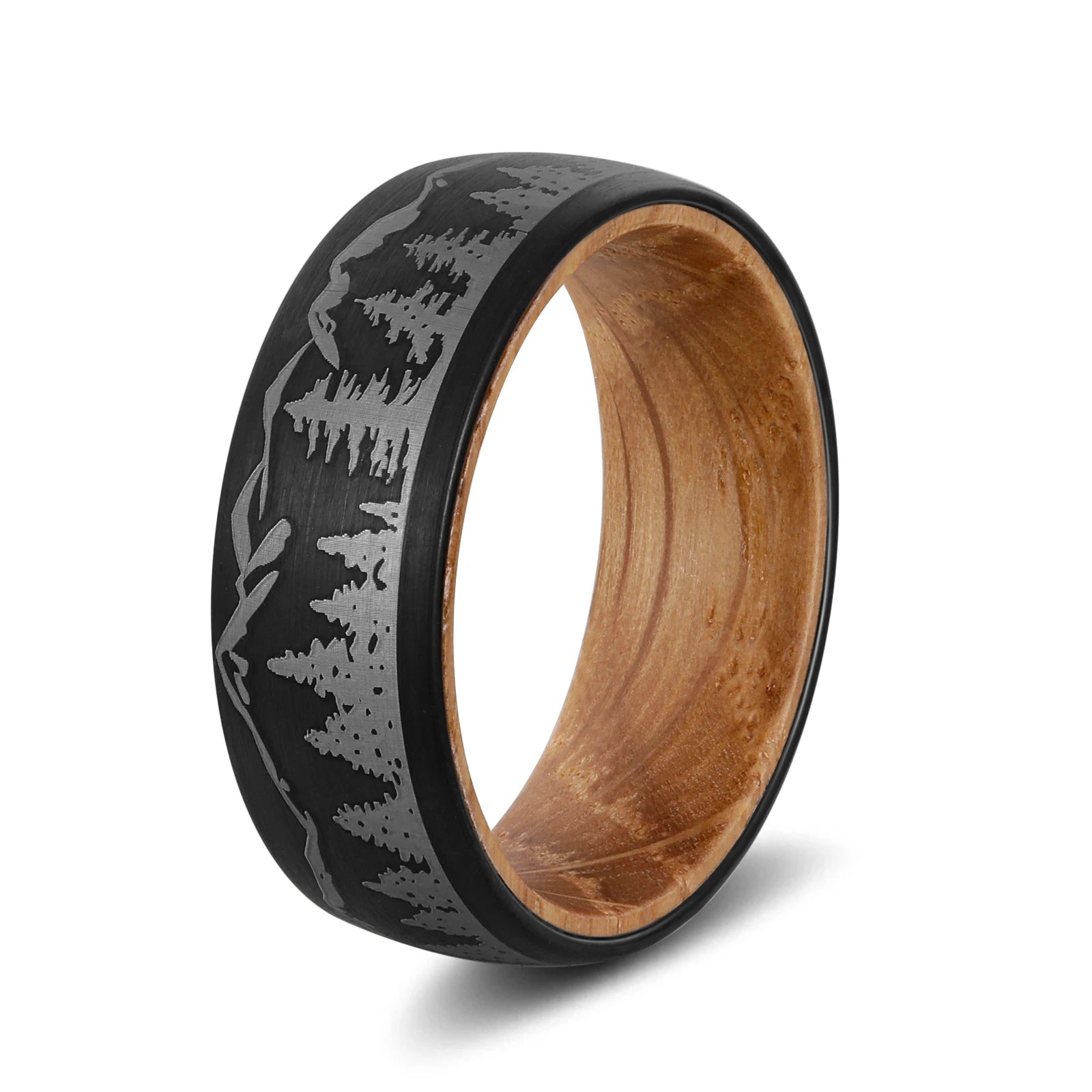 Poya 8mm Whiskey Barrel Wood Inlay Pine Trees Forest Lasered Brushed Black Tungsten Carbide Ring for Men