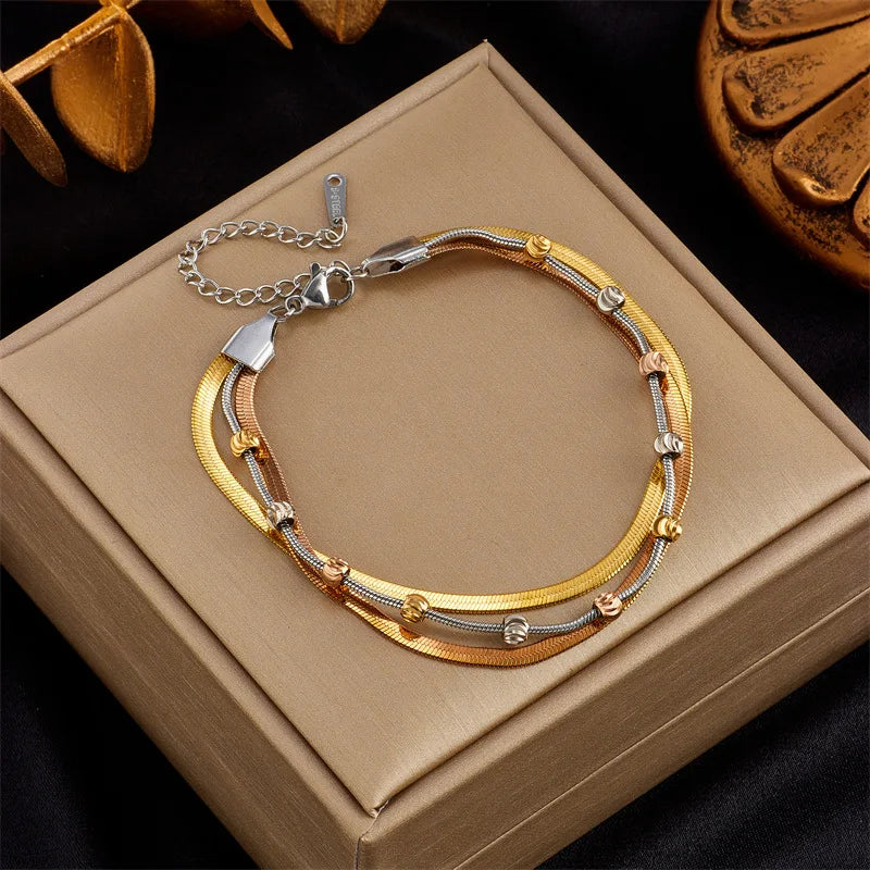 Fashion Multi Layer Wearing Bracelet Waterproof 18k Gold Plated Stainless Steel Bracelet for Women Pulseras Y Brazaletes