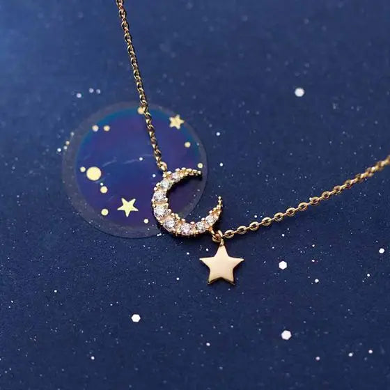 Silverbene Sweet Crescent Moon Star 925 Sterling Silver Necklace