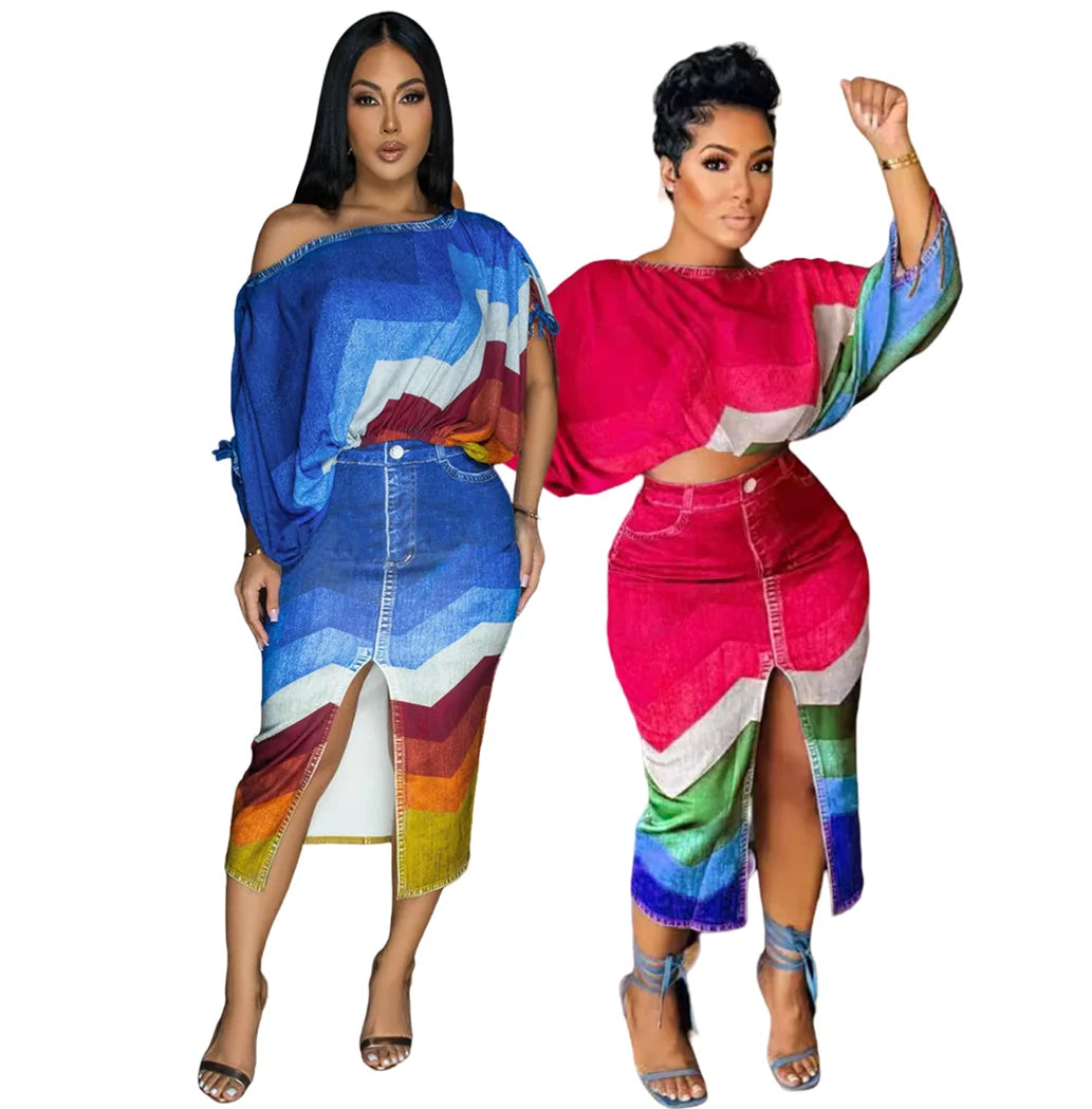 S10867 Trendy Summer Skirt Sets 2 Piece Outfits Women for Boat Neck Printed Bat Sleeve Top and Split Short Skirt Two Piece Set