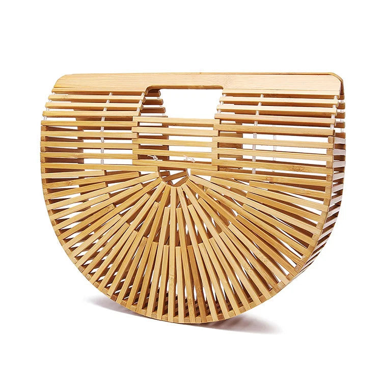 Handmade Bamboo Clutch Bag for Women Woven Semi-Circle Summer Beach Bag Two Handles Letter Outdoor Holiday Fashion Accessory