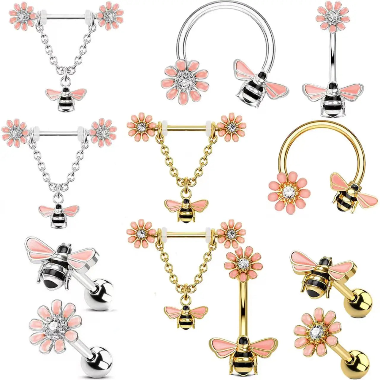 Gaby New Trend Belly Rings Summer Bee Flower Women Fashion Stainless Steel Belly Ring Lovely Ear Rings Kit Body Jewelry