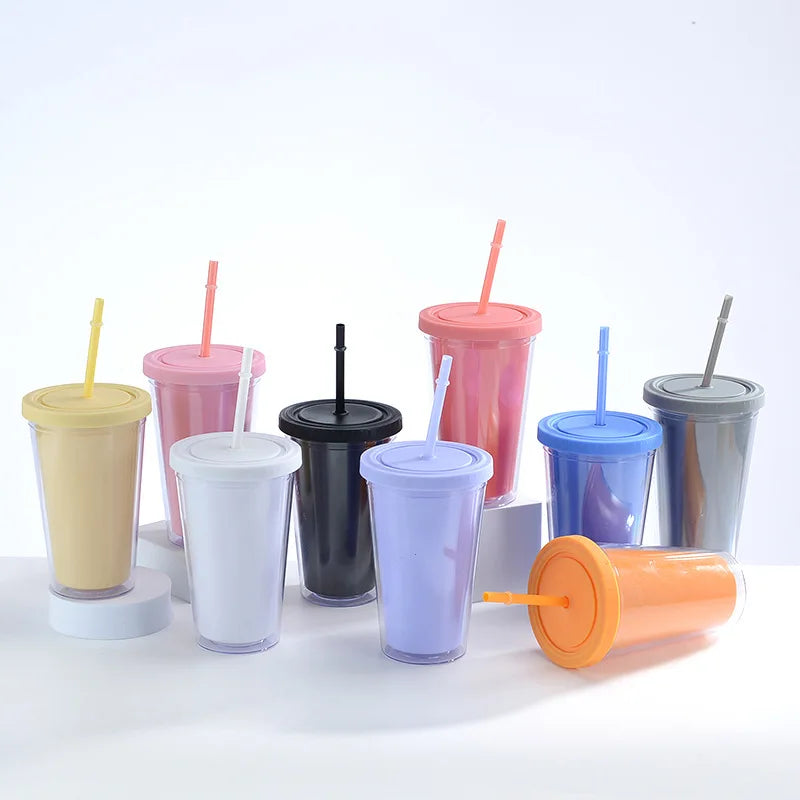 Wholesale custom hot selling 16oz plastic double wall travel tumbler cup coffee mugs with straw and lid in bulk