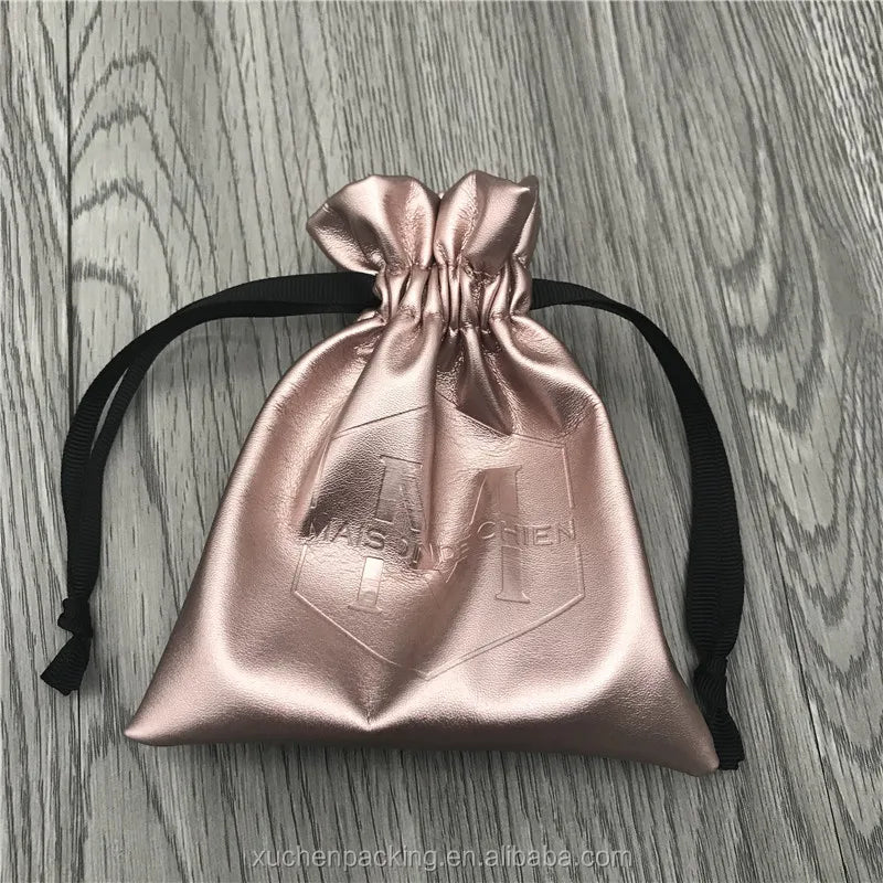 Luxury Rose Gold Faux Leather Drawstring Bag Pu Gift Pouch