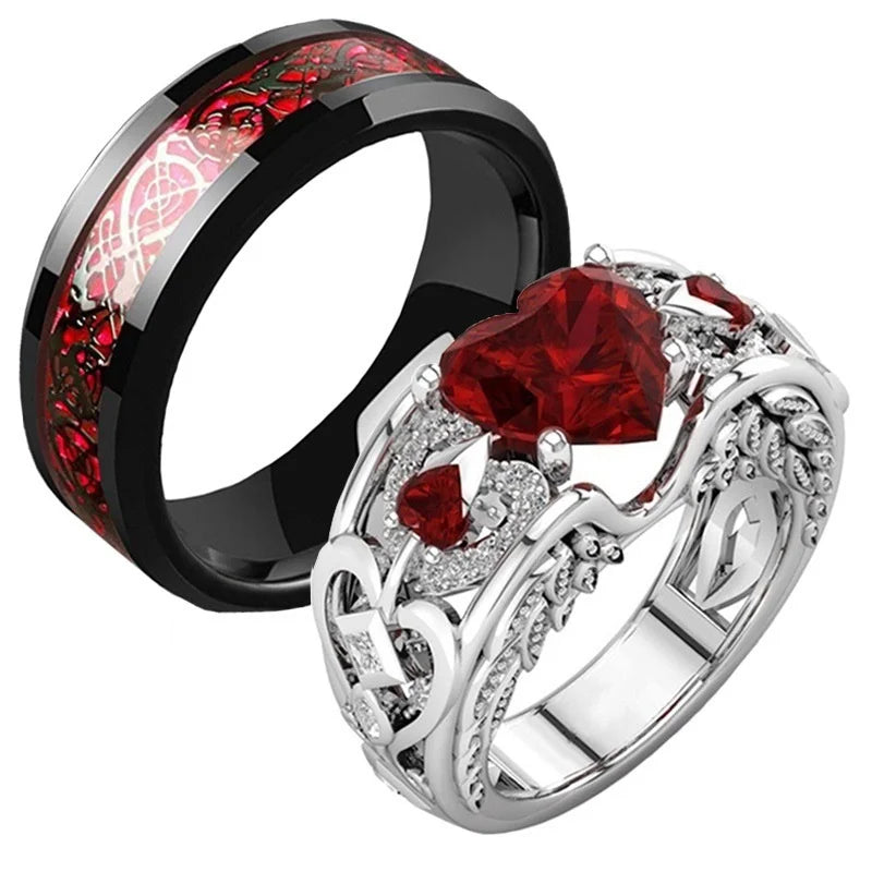 Personality Couple Hand Jewelry Couple Ring Punk Men Ring Elegant Heart Ruby Women's Ring