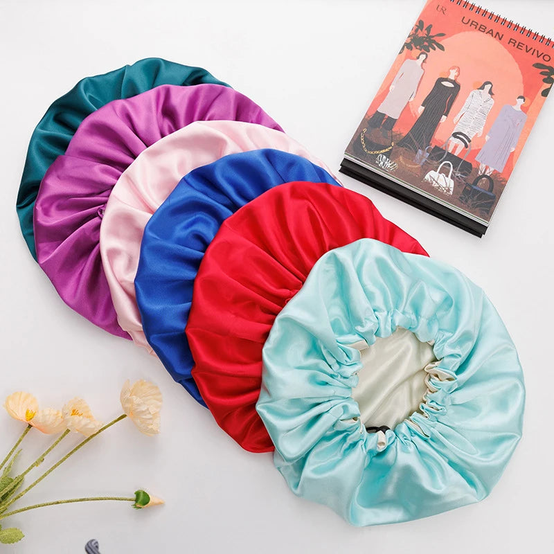 Satin Silk Hair Bonnet Double Layer Reversible Adjustable Elastic Band Night Cap for Women's Natural & Curly Hair
