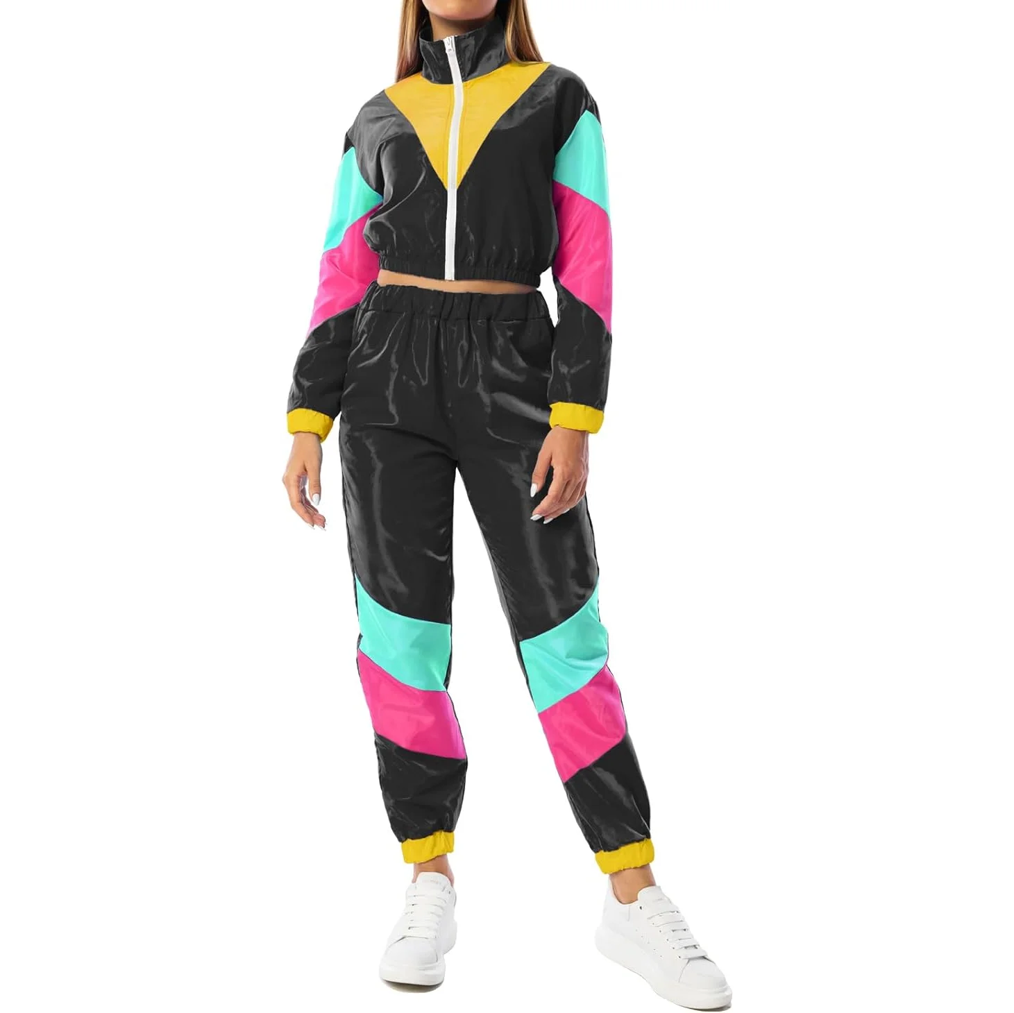 Womens Color Block 2 Piece Windbreaker Outfits Long Sleeve Zip Front Crop Top Tracksuit Set