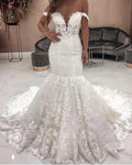 Off the Shoulder Appliqued Lace Beaded Mermaid Bridal Dresses White Trumpet 2026 Cheap Wedding Gowns MW72
