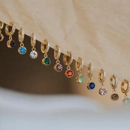 Twelve-month Birthstone Inlaid Diamond Stud Earrings 18K Gold Plated Personalized Zircon Hoop Earrings for Women